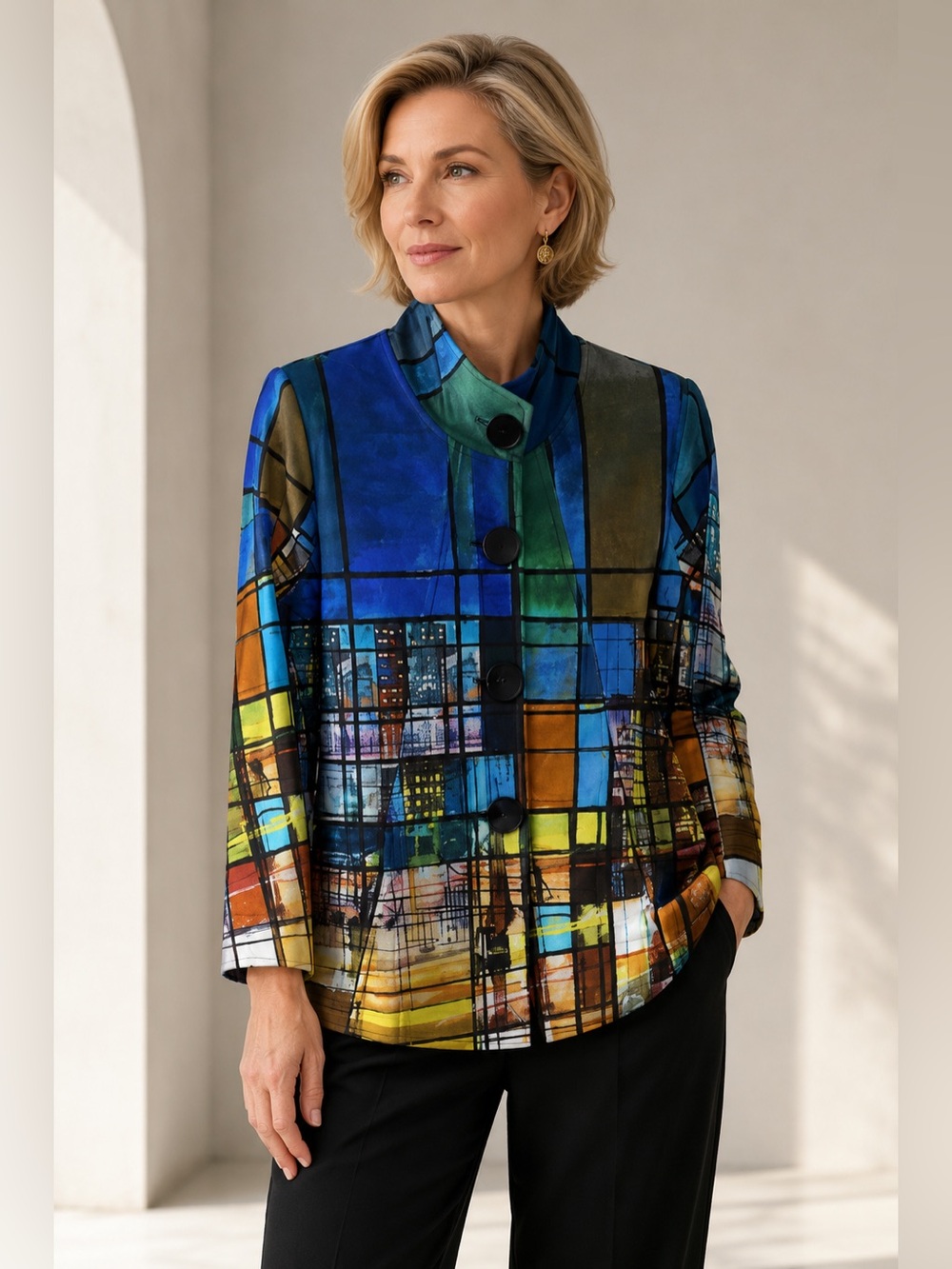 DOLCEZZA Abstract Cityscape Print Blazer in Blue and Green. NWT